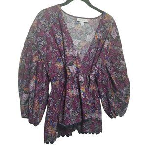 Women's Purple Tropical Floral Peasant Pairie Boho Lagenlook Cotton Top Sz L